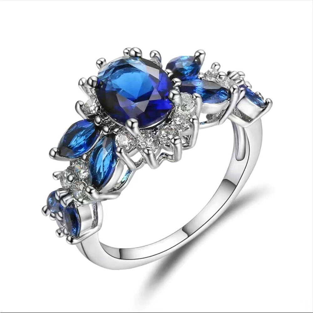 Trendy Ring Princess Ring Silver Blue Sapphire